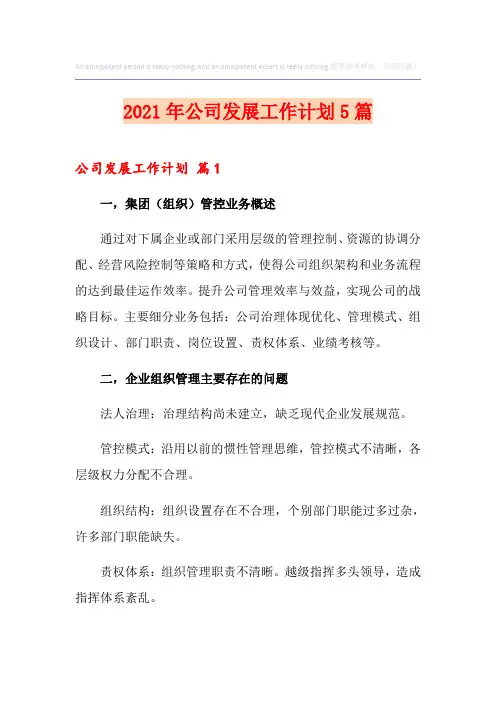 2021年公司发展工作计划5篇