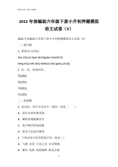 2022年部编版六年级下册小升初押题模拟语文试卷(3)