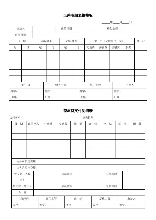 出差明细表格模板
