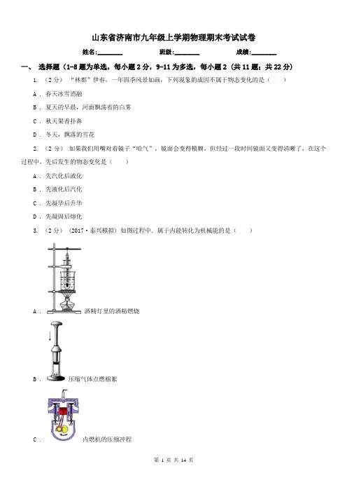 山东省济南市九年级上学期物理期末考试试卷