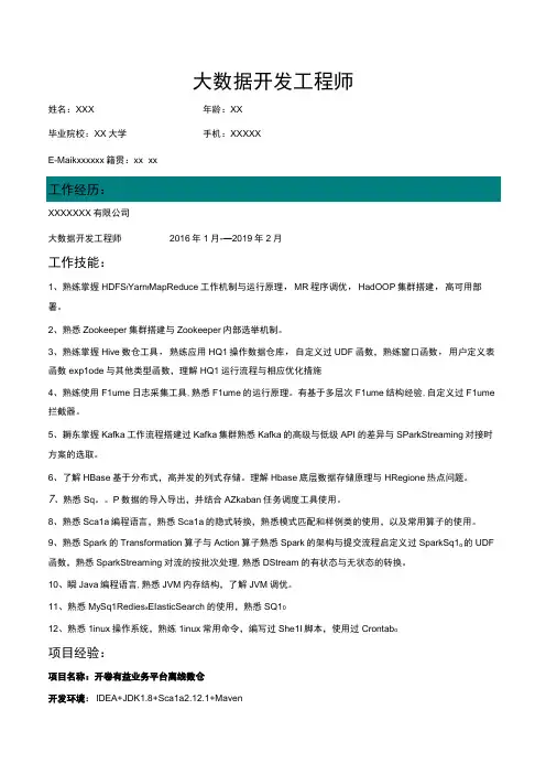 大数据研发工程师30求职简历模板