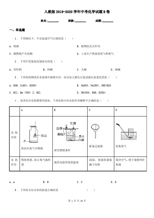 人教版2019-2020学年中考化学试题B卷新版