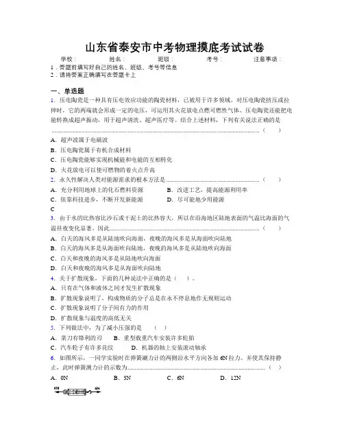 最新山东省泰安市中考物理摸底考试试卷及解析