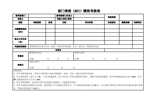 部门季度(KPI)绩效考核表