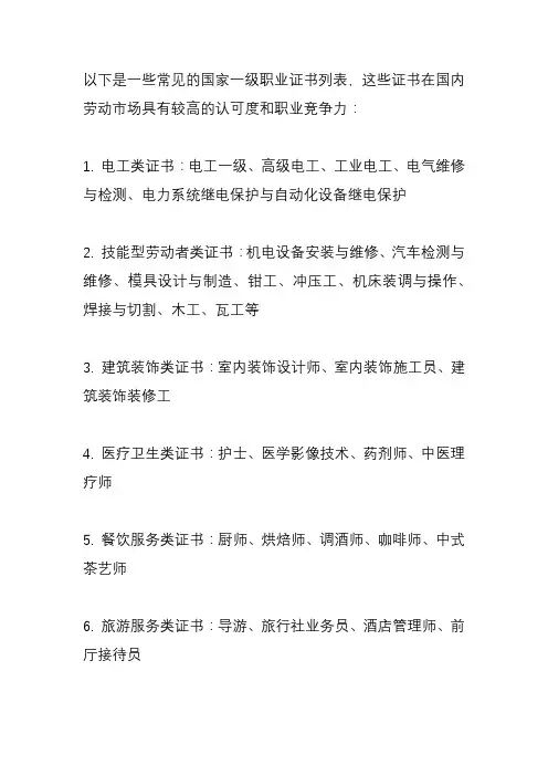 国家一级职业证书列表