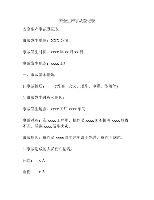 安全生产事故登记表