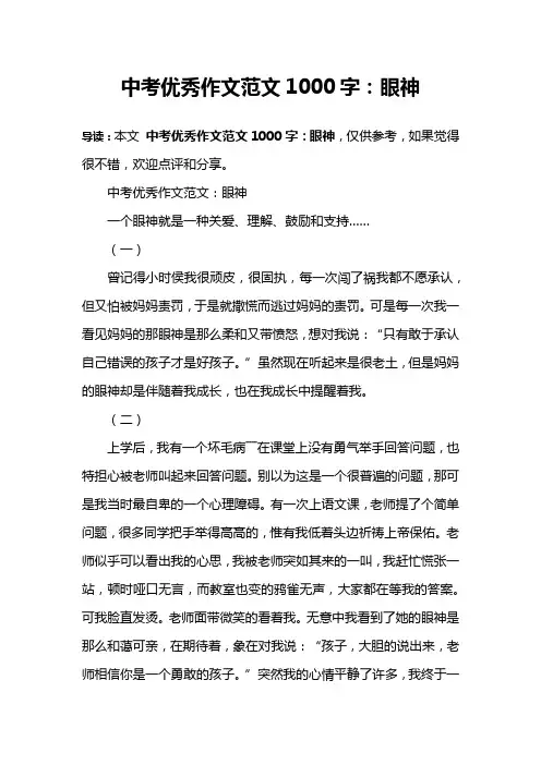 中考优秀作文范文1000字：眼神