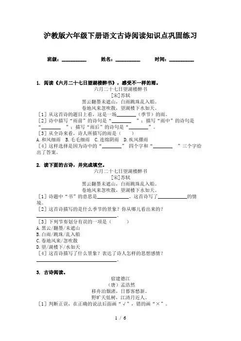 沪教版六年级下册语文古诗阅读知识点巩固练习