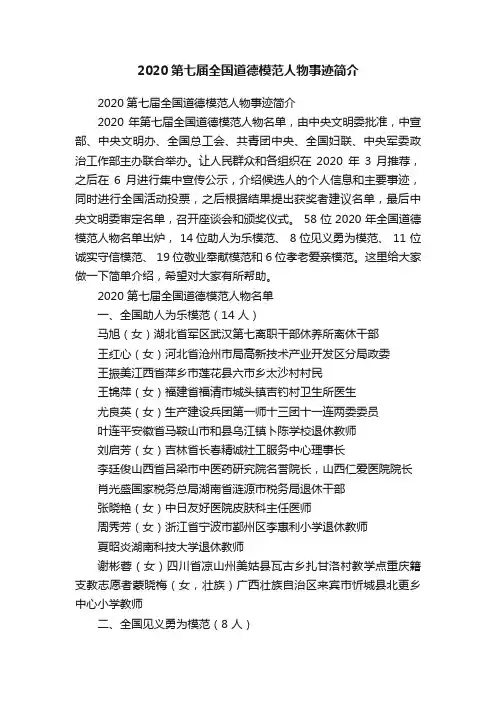 2020第七届全国道德模范人物事迹简介