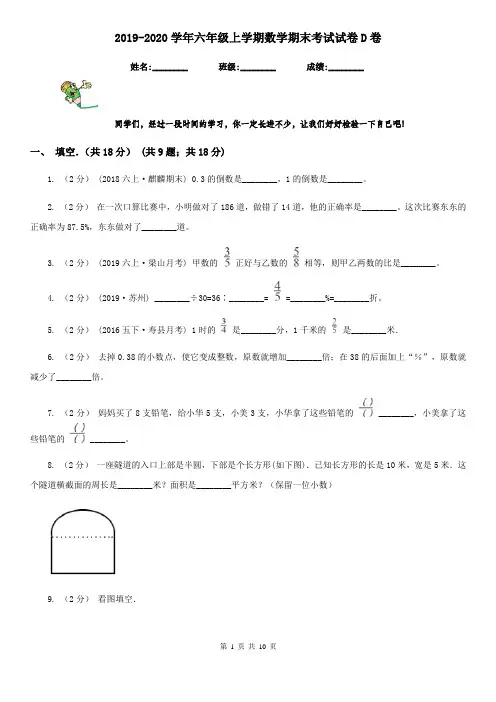 2019-2020学年六年级上学期数学期末考试试卷D卷