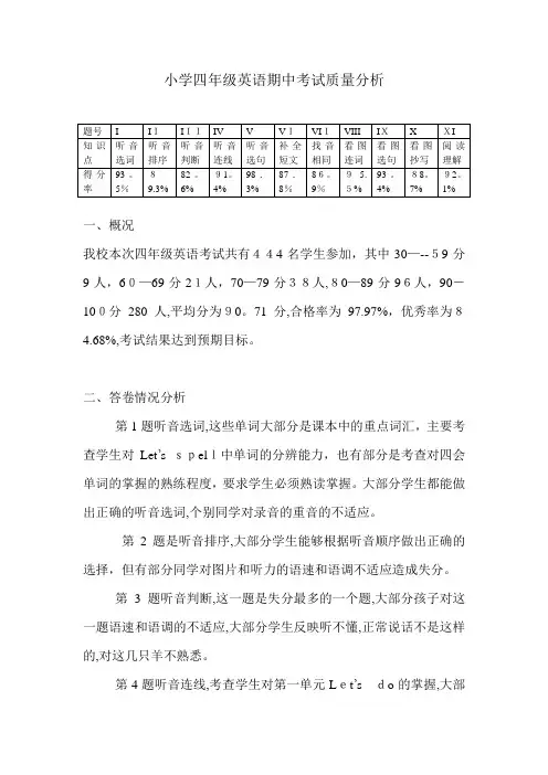 小学四年级英语期中考试质量分析