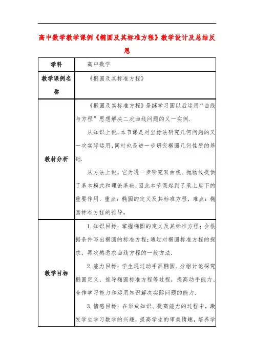 高中数学教学课例《椭圆及其标准方程》课程思政核心素养教学设计及总结反思