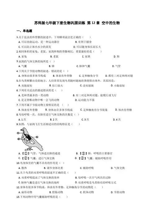 苏科版七年级下册生物巩固训练 第12章 空中的生物(解析版)