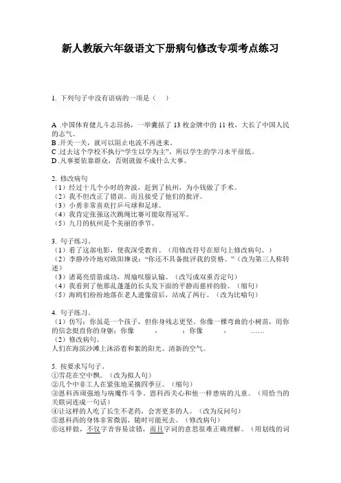 新人教版六年级语文下册病句修改专项考点练习