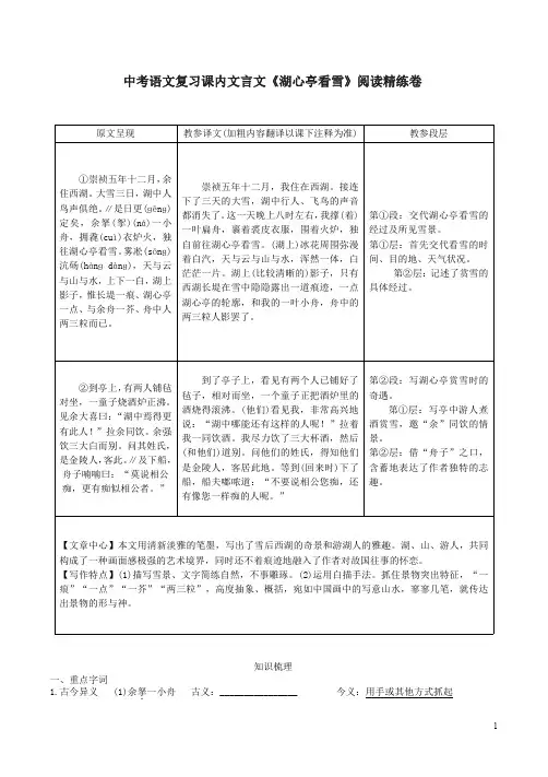 中考语文复习课内文言文《湖心亭看雪》阅读精练卷附答案