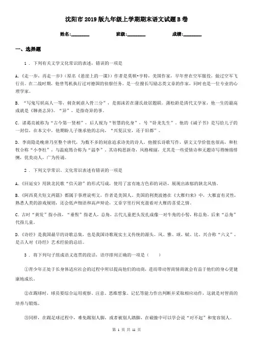 沈阳市2019版九年级上学期期末语文试题B卷