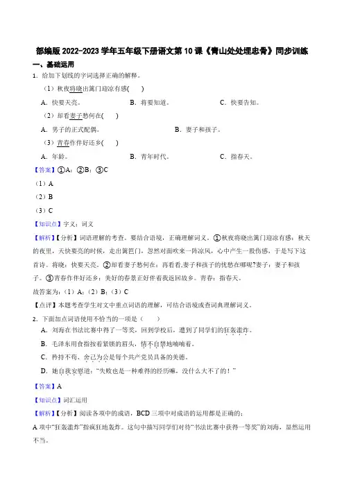 部编版语文五年级下册《青山处处埋忠骨》同步训练(教师版)