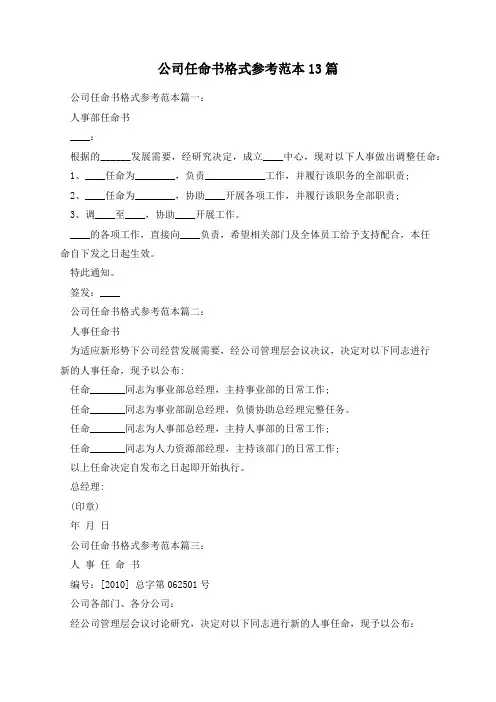 公司任命书格式参考范本13篇