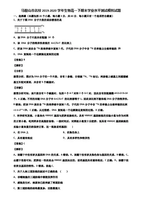马鞍山市名校2019-2020学年生物高一下期末学业水平测试模拟试题含解析