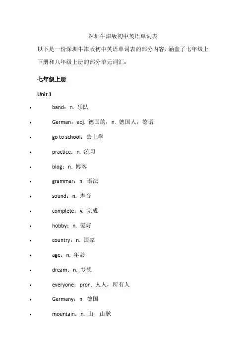 深圳牛津版初中英语单词表