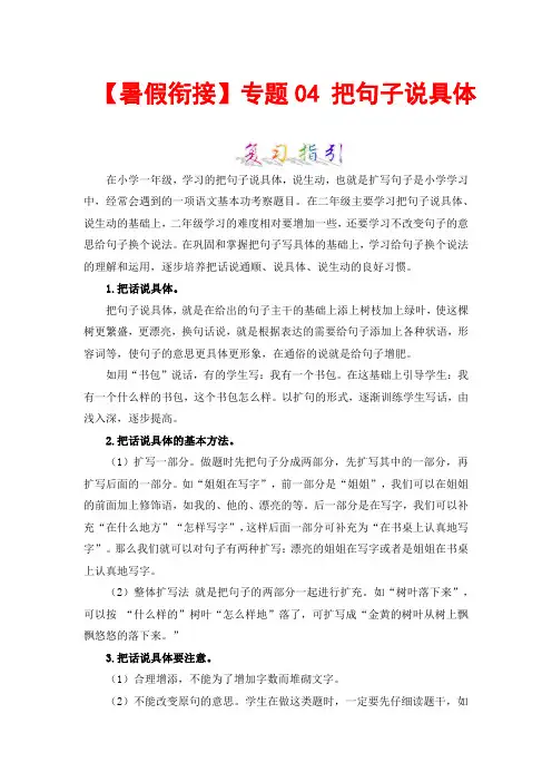 【暑假衔接】知识点专题04 把句子说具体 (讲义+试题) 一升二年级语文(含答案)部编版 