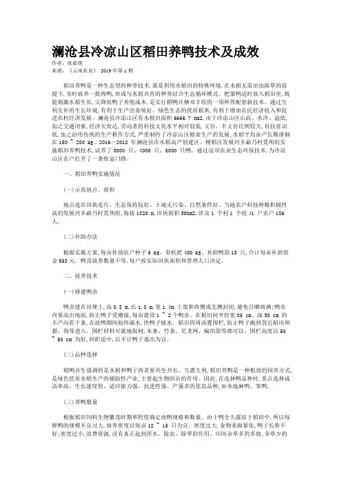 澜沧县冷凉山区稻田养鸭技术及成效 