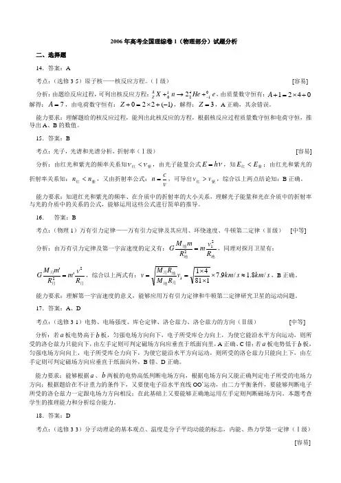 2006年高考全国理综卷1(物理部分)试题分析