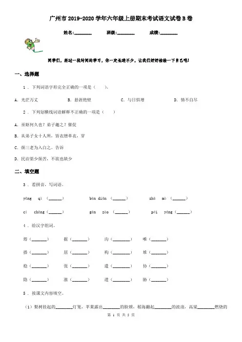 广州市2019-2020学年六年级上册期末考试语文试卷B卷