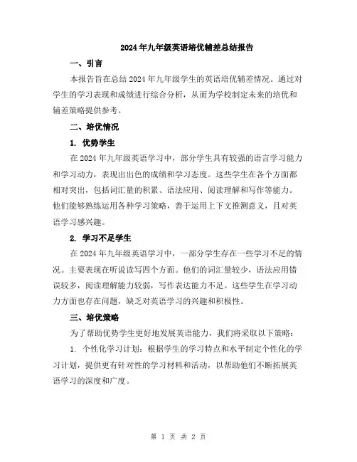 2024年九年级英语培优辅差总结报告