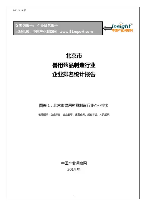 北京市兽用药品制造行业企业排名统计报告