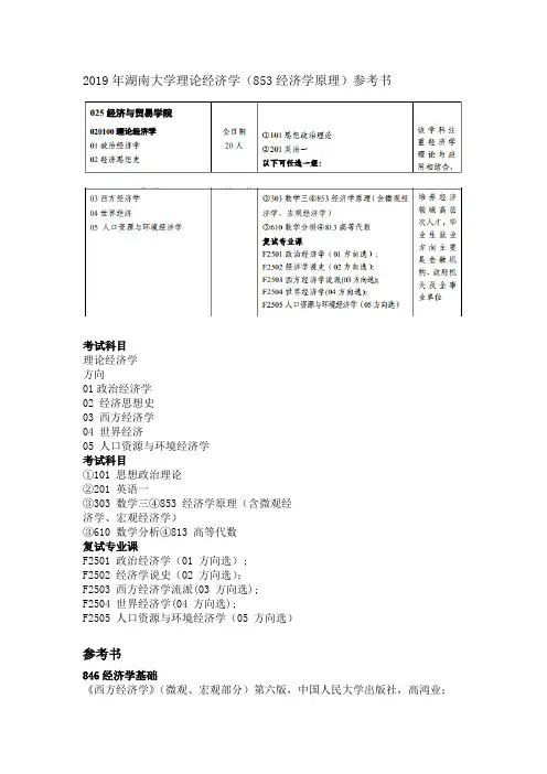 2019年湖南大学理论经济学(853经济学原理)参考书