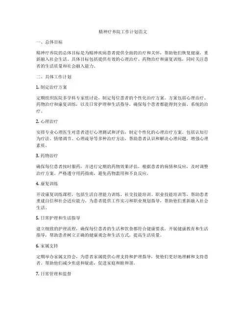 精神疗养院工作计划范文