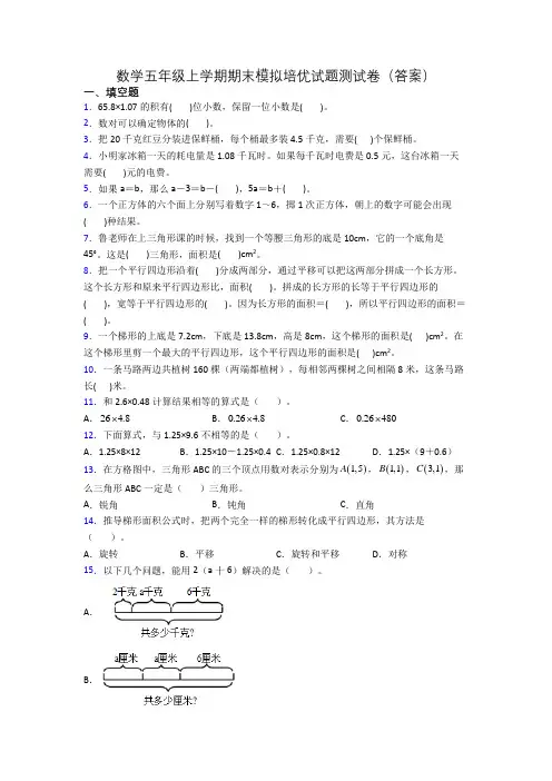 数学五年级上学期期末模拟培优试题测试卷(答案)