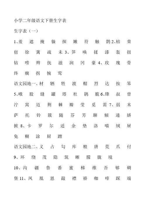 小学二年级语文下册生字表