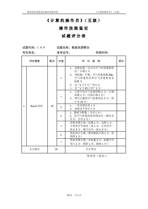 计算机操作员五级_试题评分表及答案1.4.9