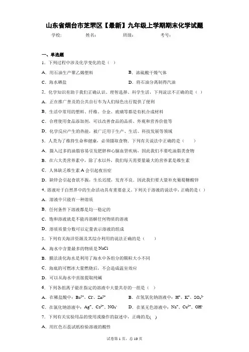 山东省烟台市芝罘区2020-2021学年九年级上学期期末化学试题 答案和解析