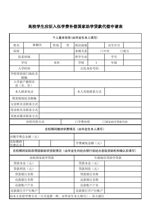 高校学生应征入伍学费补偿国家助学贷款代偿申请表(通州示范区户籍模板)