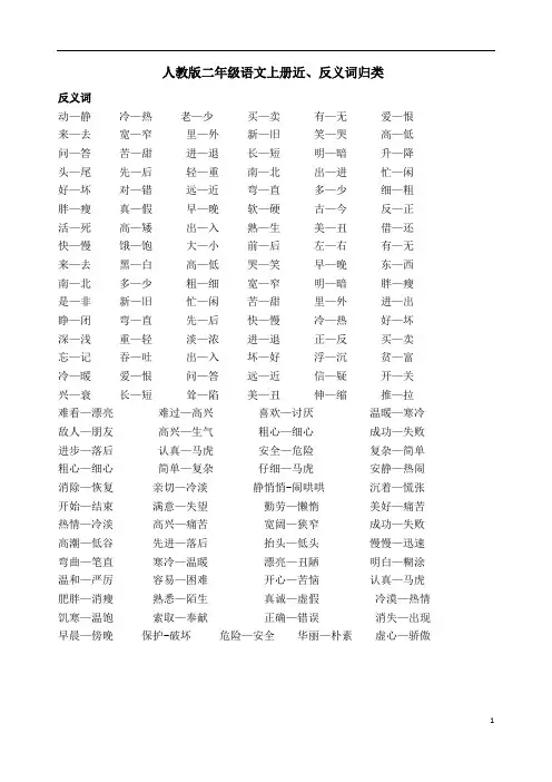 人教版二年级语文上册近义词整理