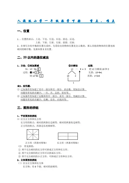人教版小学一年级数学下册知识点重难点归纳总结