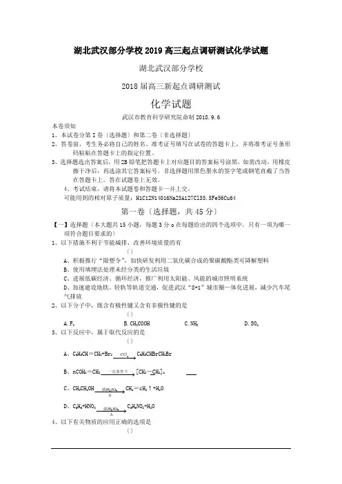 湖北武汉部分学校2019高三起点调研测试化学试题