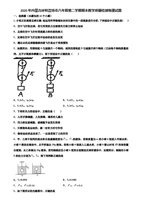 2020年内蒙古呼和浩特市八年级第二学期期末教学质量检测物理试题含解析