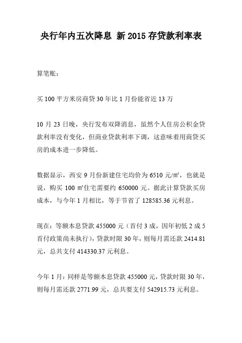 央行年内五次降息 新2015存贷款利率表
