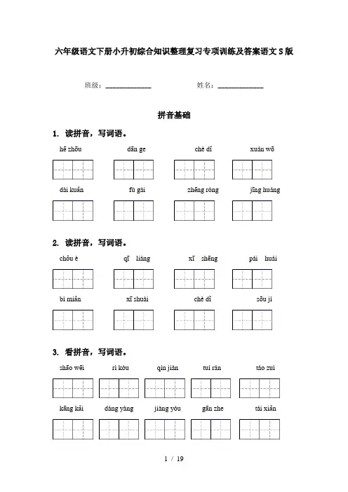 六年级语文下册小升初综合知识整理复习专项训练及答案语文S版