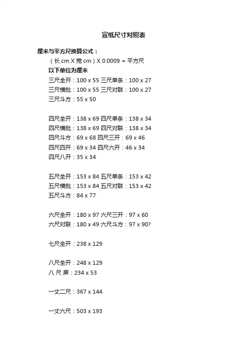 宣纸尺寸对照表