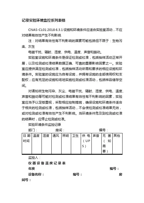 记录实验环境监控系列表格