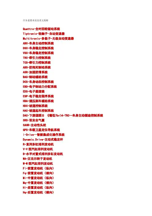 汽车重要术语及英文简称