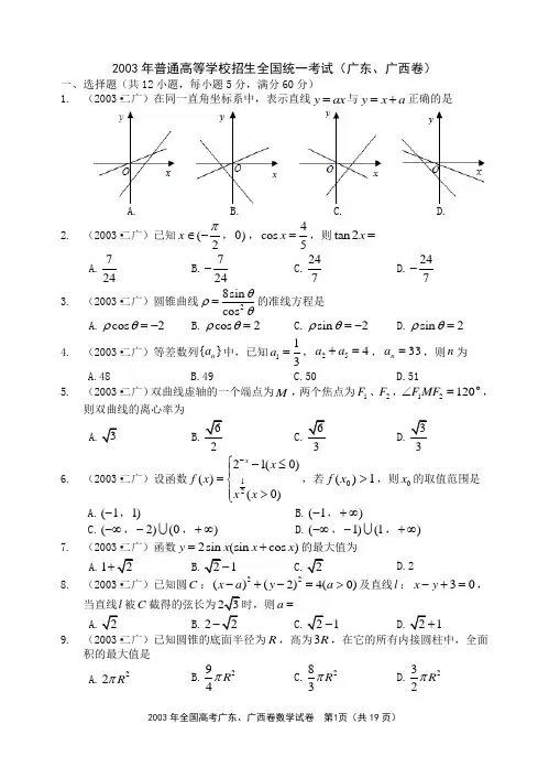 2003年全国统一高考数学试卷(广东、广西卷)