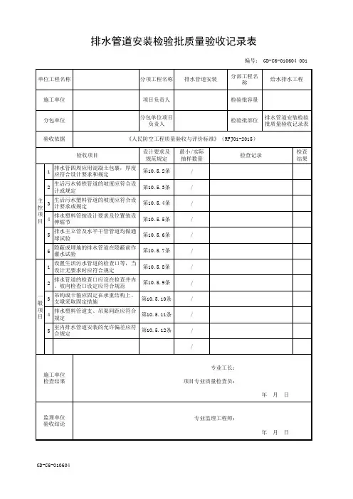排水管道安装检验批质量验收记录表