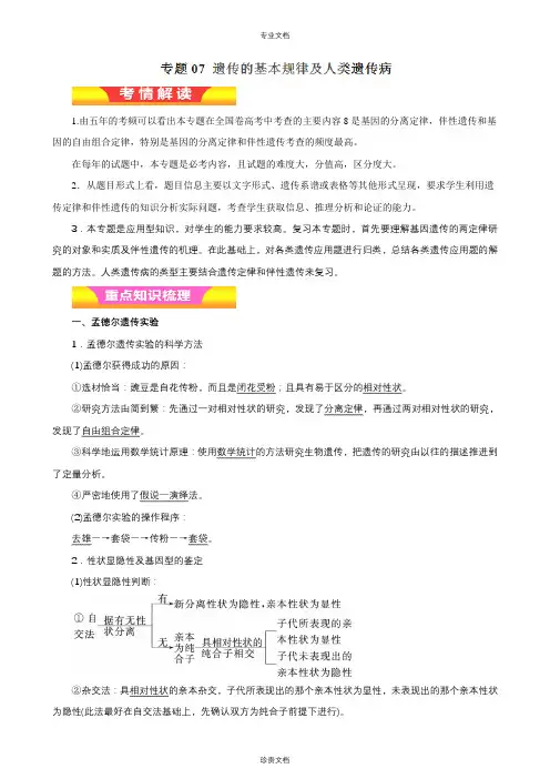 专题07 遗传的基本规律及人类遗传病(教学案)-2018年高考生物二轮复习精品资料(教师版)
