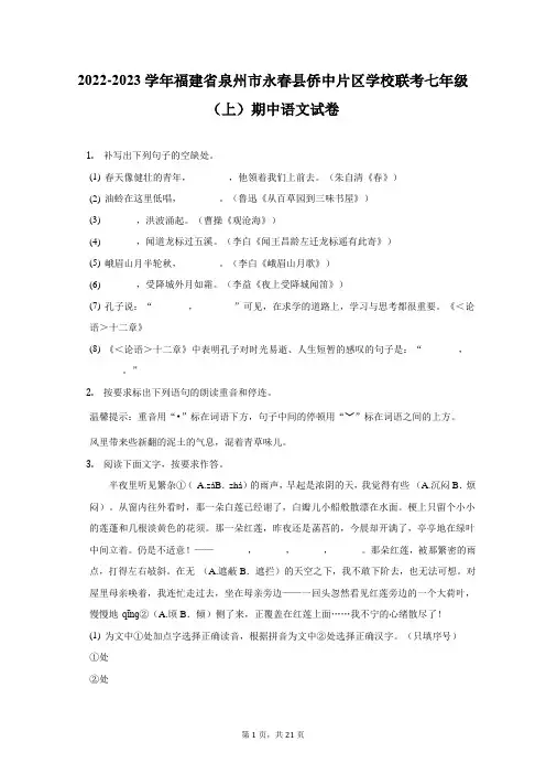 2022-2023学年福建省泉州市永春县侨中片区学校联考七年级(上)期中语文试卷(附答案详解)